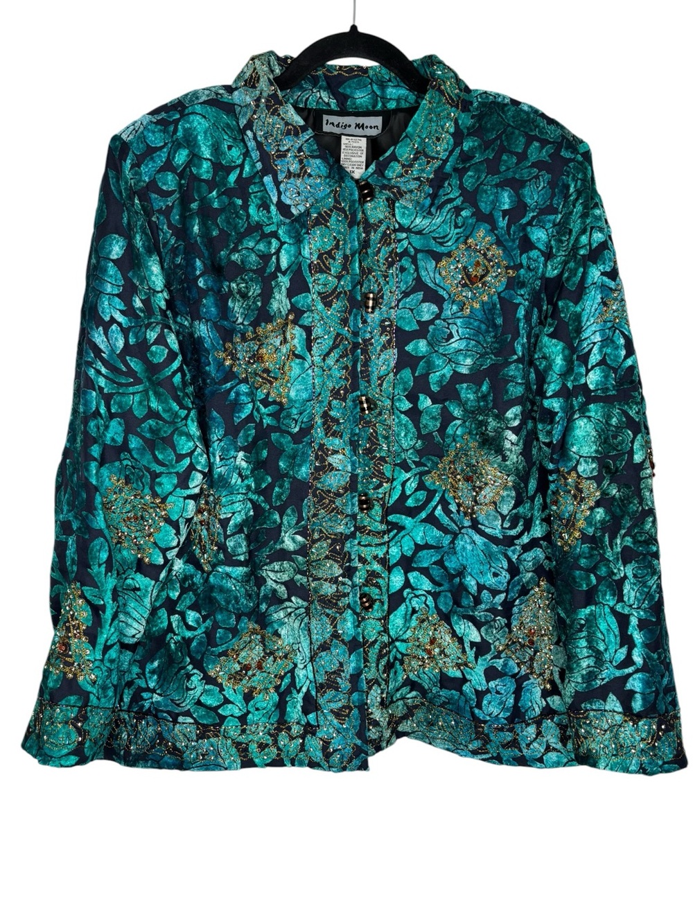 Indigo Moon Women’s Teal Velvet Embellished Floral Jacket Blazer Maximalist 1X